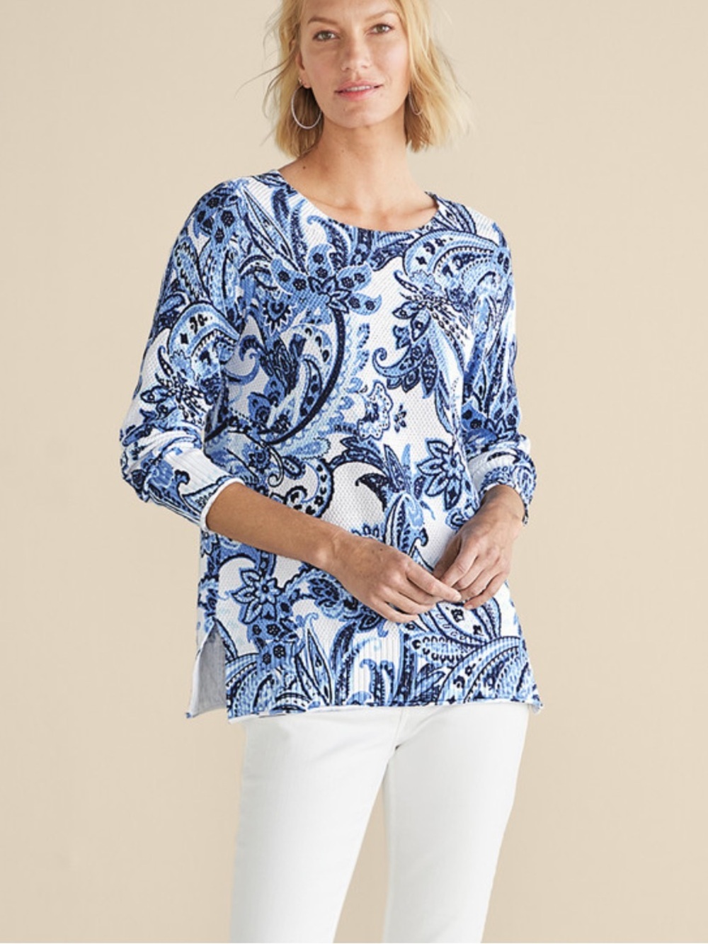 Soft Surroundings Marin Paisley Knit Sweater Blue White Boho Coastal